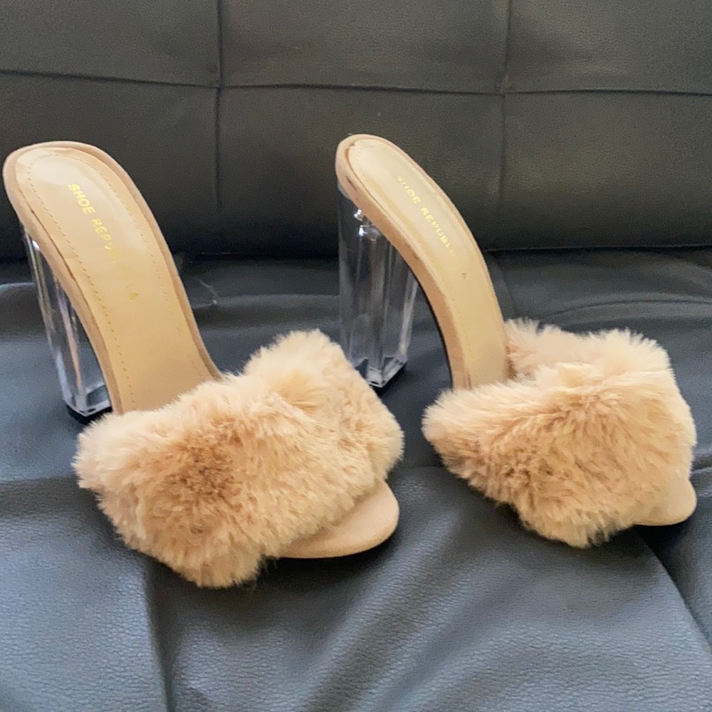 Rabbit Fur Mules With Block Lucite Heels - image 1